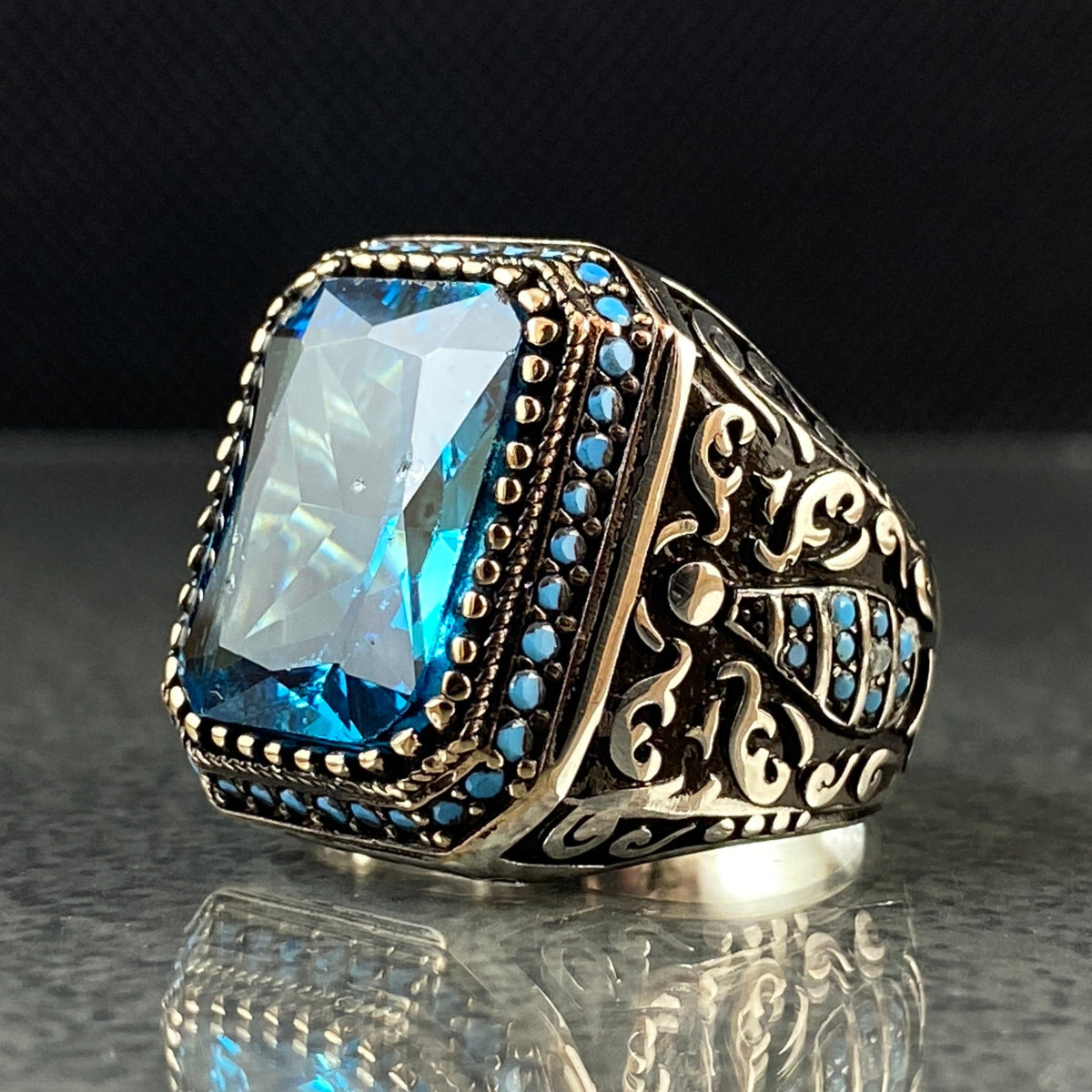 Blue Aquamarine 925 Solid Silver Men Ring