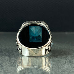 Blue Aquamarine 925 Solid Silver Men Ring