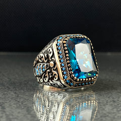 Blue Aquamarine 925 Solid Silver Men Ring