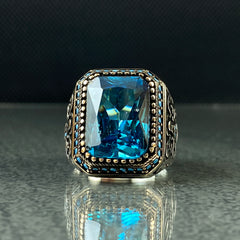 Blue Aquamarine 925 Solid Silver Men Ring