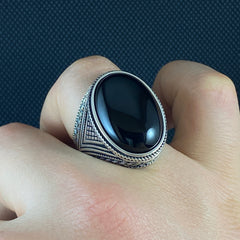 Oval Black Onyx Gemstone 925 Silver Men Ring