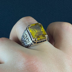 Citrine 925 Sterling Silver Yellow Stone Men Ring