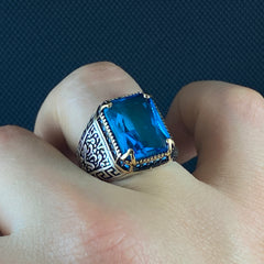 Aquamarine Stone Blue 925 Solid Silver Men Ring