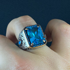 Blue Aquamarine 925 Solid Silver Men Ring