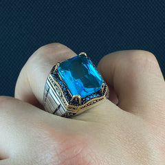 Blue Aquamarine Stone 925 Silver Men Ring