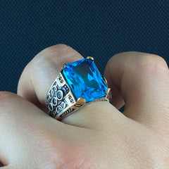 Aquamarine Gemstone 925 Solid Silver Men Ring