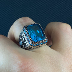 Blue Aquamarine 925 Solid Silver Men Ring