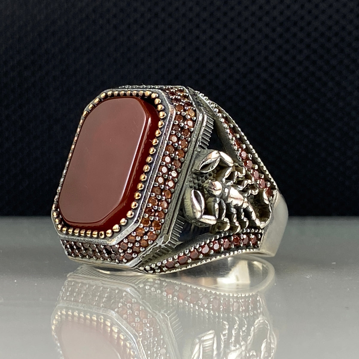 Scorpion Red Agate Gemstone 925 Solid Silver Zodiac Ring