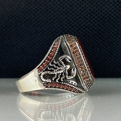 Scorpion Red Agate Gemstone 925 Solid Silver Zodiac Ring