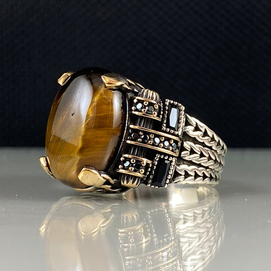 Tiger Eye Gemstone 925 Sterling Silver Turkish Handmade Ring