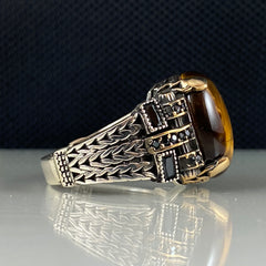 Tiger Eye Gemstone 925 Sterling Silver Turkish Handmade Ring