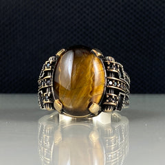 Tiger Eye Gemstone 925 Sterling Silver Turkish Handmade Ring