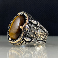 Brown Mosque Tiger Eye Stone 925 Sterling Silver Men Handmade Ring