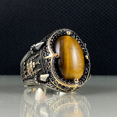 Brown Mosque Tiger Eye Stone 925 Sterling Silver Men Handmade Ring