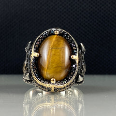 Brown Mosque Tiger Eye Stone 925 Sterling Silver Men Handmade Ring