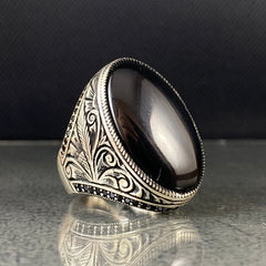 Large Oval Black Onyx Gemstone 925 Sterling Silver Ring For Men