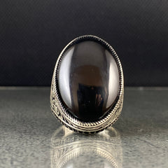 Large Oval Black Onyx Gemstone 925 Sterling Silver Ring For Men