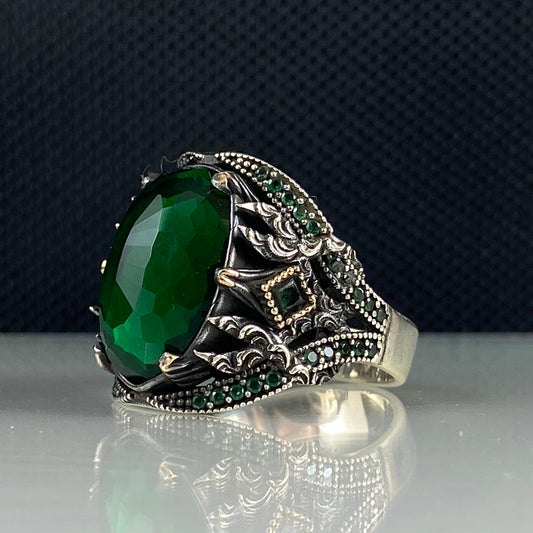 Anillo de plata maciza de piedra esmeralda 925, anillo de piedra preciosa esmeralda verde 