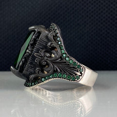 Emerald Gemstone 925 Solid Silver Men Handmade Ring