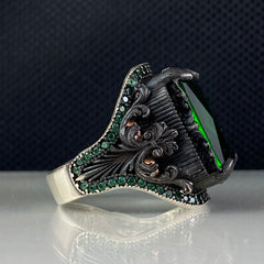 Emerald Gemstone 925 Solid Silver Men Handmade Ring