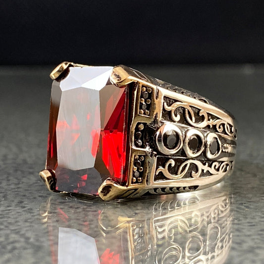 Natural Red Ruby 925 Solid Silver Turkish Handmade Men Ring