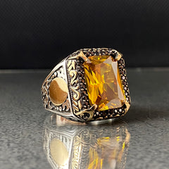 Yellow Citrine Gemstone 925 Solid Silver Men Ring