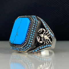 Scorpion Blue Turquoise Gemstone 925 Sterling Silver Men Ring