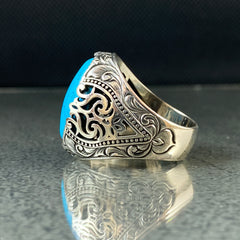 Oval Blue Turquoise Stone 925 Solid Silver Handmade Men Ring