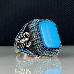 Scorpion Blue Turquoise Gemstone 925 Sterling Silver Men Ring