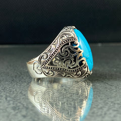 Oval Blue Turquoise Stone 925 Solid Silver Handmade Men Ring