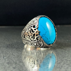 Oval Blue Turquoise Stone 925 Solid Silver Handmade Men Ring