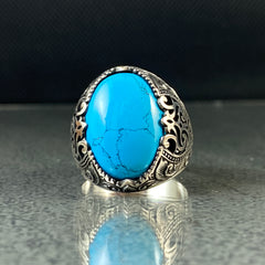 Oval Blue Turquoise Stone 925 Solid Silver Handmade Men Ring