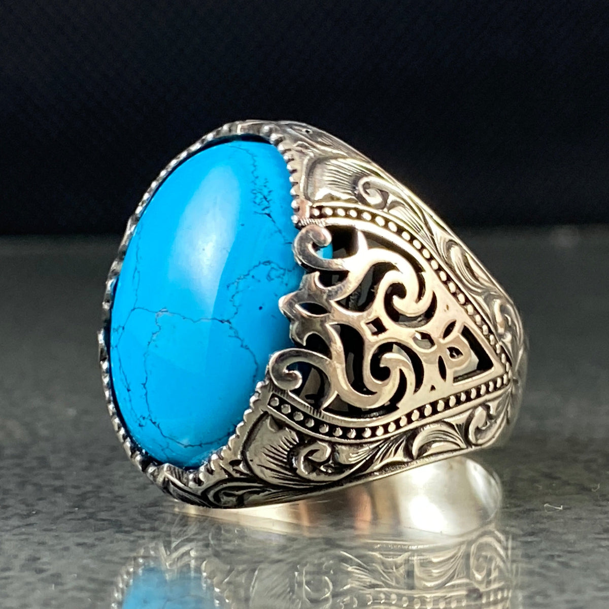 Oval Blue Turquoise Stone 925 Solid Silver Handmade Men Ring