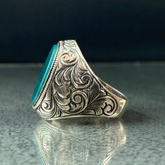 Hand Engraved 925 Silver Green Agate Stone Ring