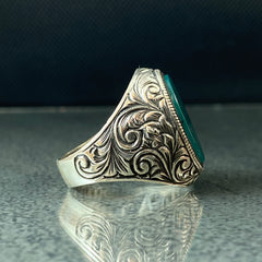 Hand Engraved 925 Silver Green Agate Stone Ring