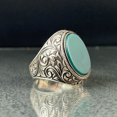 Hand Engraved 925 Silver Green Agate Stone Ring