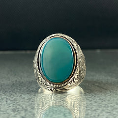 Hand Engraved 925 Silver Green Agate Stone Ring