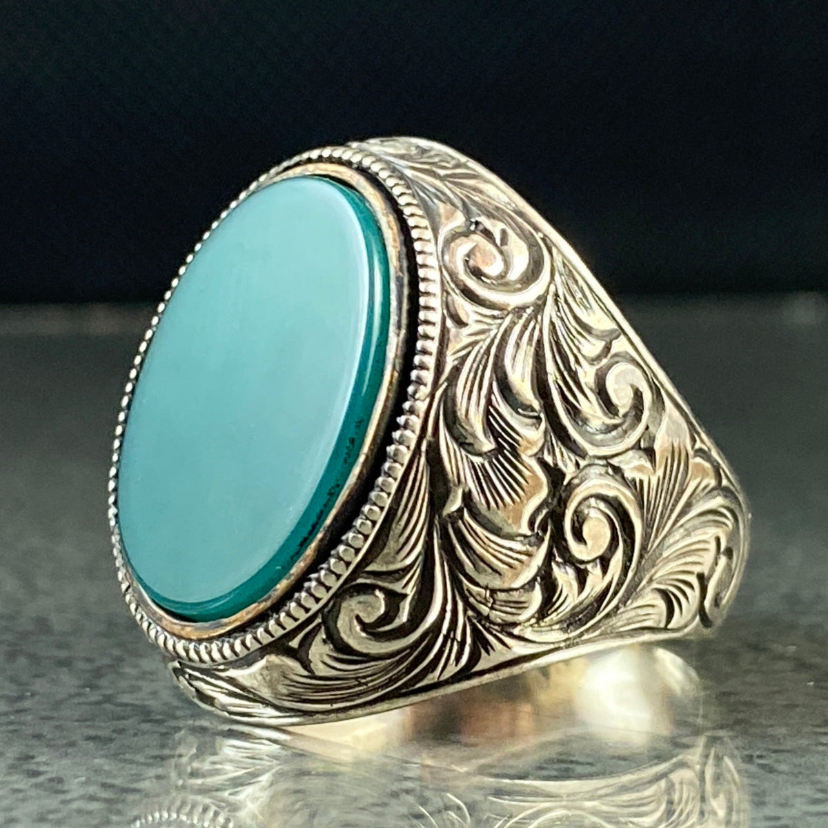 Hand Engraved 925 Silver Green Agate Stone Ring