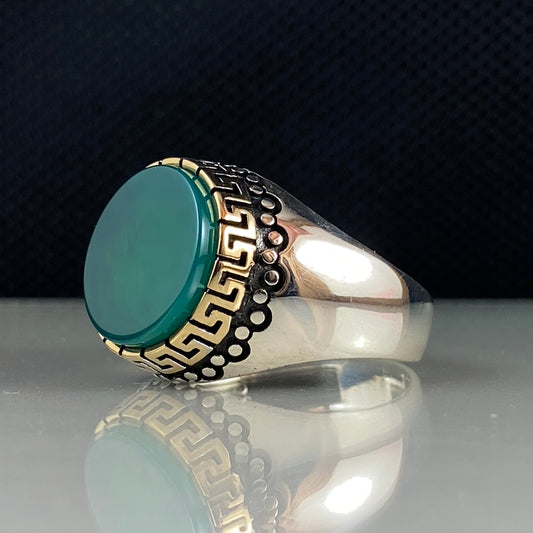 Round Green Agate Gemstone 925 Sterling Silver Men Handmade Ring