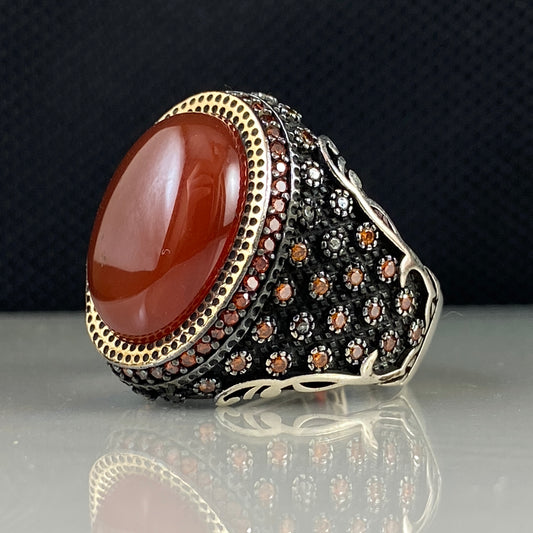 Red Agate Gemstone 925 Sterling Silver Men Ring