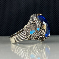 Men Handmade Blue Aquamarine Stone 925 Solid Silver Ring