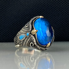 Men Handmade Blue Aquamarine Stone 925 Solid Silver Ring