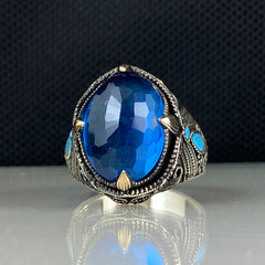 Men Handmade Blue Aquamarine Stone 925 Solid Silver Ring