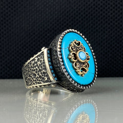 Oval Classic Turquoise Stone 925 Solid Silver Men Ring