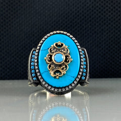 Oval Classic Turquoise Stone 925 Solid Silver Men Ring