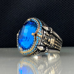 Mosque Blue Aquamarine Stone 925 Sterling Silver Men Ring