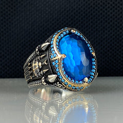 Mosque Blue Aquamarine Stone 925 Sterling Silver Men Ring