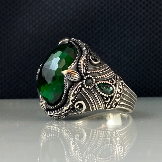 Anillo de plata maciza de piedra esmeralda 925, anillo de piedra preciosa esmeralda verde 