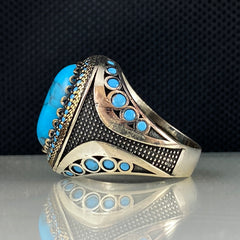 Blue Turquoise Stone 925 Sterling Silver Men Ring