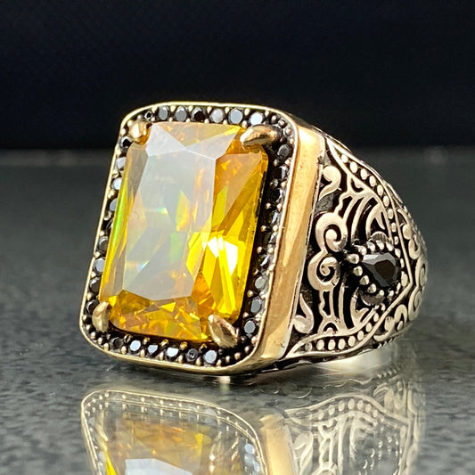 Yellow Citrine Gemstone 925 Silver Men Ring